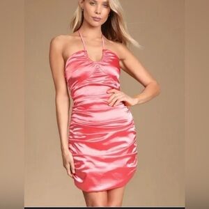 NWT Lulus Bring the Prosecco Coral Satin Ruched Dress Medium